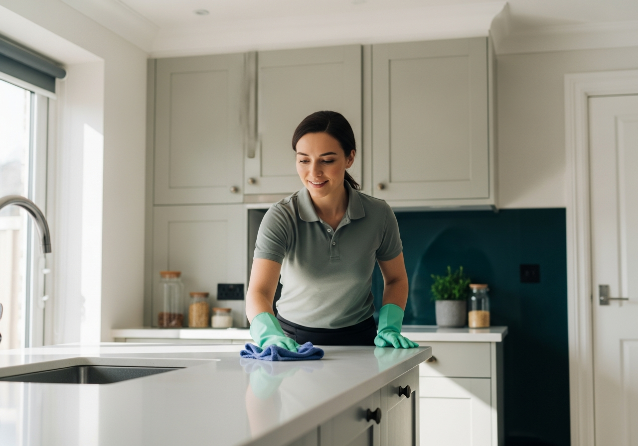 A Sparklyn professional carefully cleaning a kitchen counter