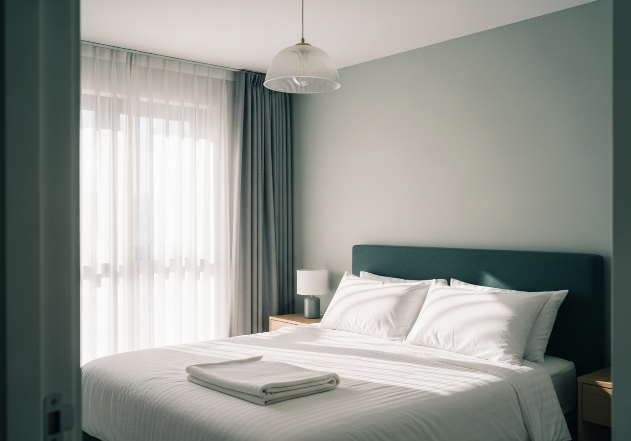A serene, tidy bedroom with crisp made bed and soft light