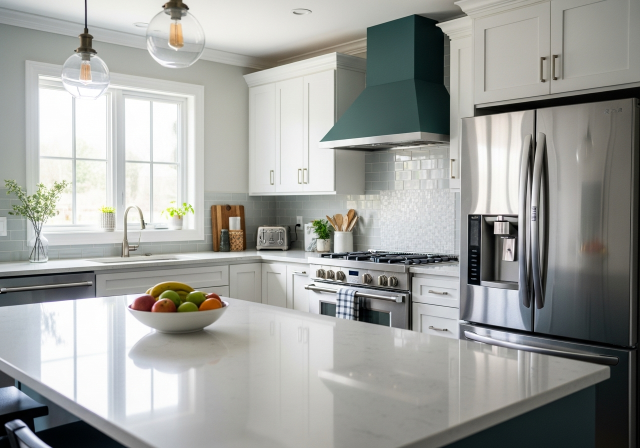 A spotless, sunlit modern kitchen with gleaming countertops