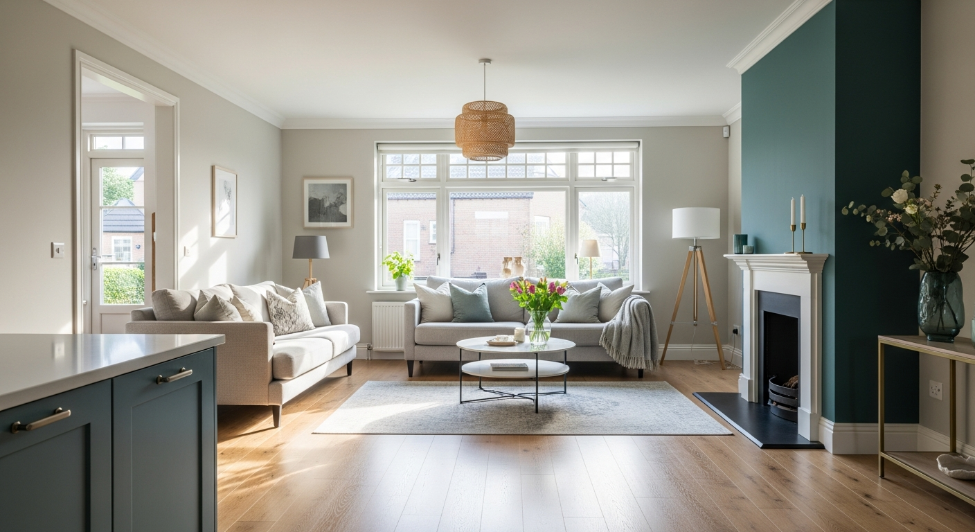 A bright, immaculate living room cleaned by Sparklyn Cleaning Co.